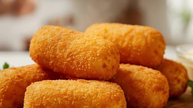 Croquetas caseras crujientes con mayonesa en tabla de madera