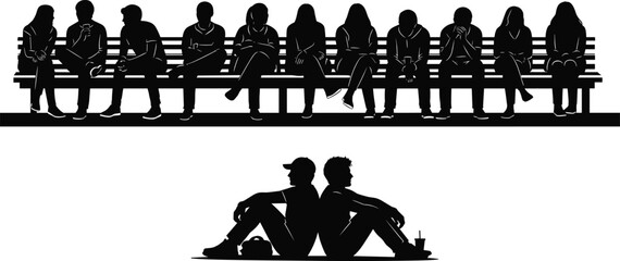 Silhouettes of people sitting on benches in urban setting, young individuals relaxing, socializing, waiting, and resting in public outdoor environment.