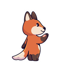 Cute little fox stands in profile, waving hand. Happy baby wild animal is greeting side view. Funny ginger character of forest with fluffy tail. Flat isolated vector illustration on white background