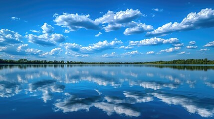 Peaceful lake reflecting a serene blue sky with fluffy white clouds on a tranquil summer day creating a picturesque and harmonious natural landscape