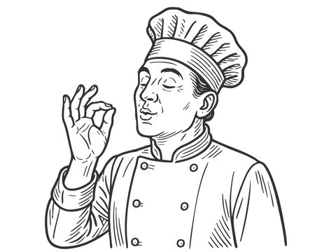 Bellissimo gesture chef making the delicious hand gesture, cooking and food themes sketch engraving generative ai fictional character vector illustration. Scratch board imitation. Black and white.