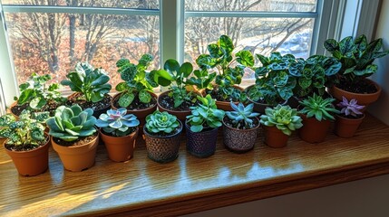 Diverse assortment of lush vibrant houseplants beautifully displayed on a sunlit a cozy eco friendly atmosphere perfect for an Earth Day promotion or sustainable home decor