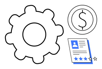 Gear indicating workflow, dollar sign for finance, resume highlighting reviews. Ideal for business strategy, teamwork, recruitment, evaluation, productivity, performance simple flat metaphor
