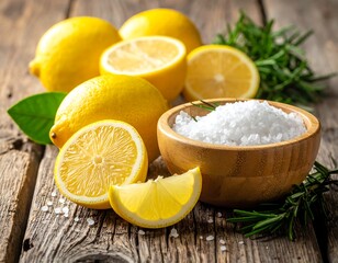 Close-up of lemons, salt, and herbs on rustic wooden surface