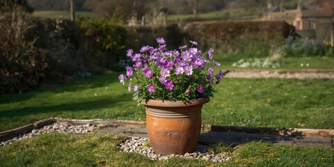 Violet petunias and white bacopa flowers in a deck planter, used as a decorative outdoor display