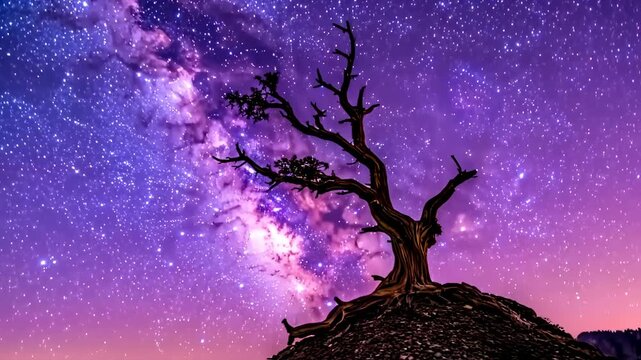Silhouetted ancient tree on a rocky outcrop against a vibrant night sky filled with stars and the Milky Way