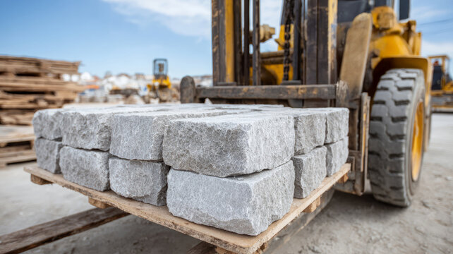 Forklift carrying a pallet of bricks at a construction site.