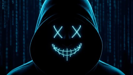 Hacker Avatar Close-Up Digital Art, Neon Blue Anonymous Figure with Hoodie, Dark Cybersecurity-Themed Digital Illustration, Stylized Glowing Smiley Face Hacker Concept, Futuristic Matrix Code