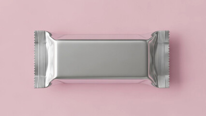 Metallic foil candy bar mockup on a soft pink background showcasing a sleek and modern package design