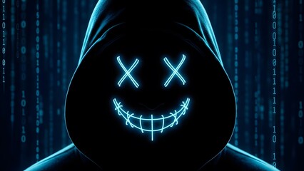 Hacker Avatar Close-Up Digital Art, Neon Blue Anonymous Figure with Hoodie, Dark Cybersecurity-Themed Digital Illustration, Stylized Glowing Smiley Face Hacker Concept, Futuristic Matrix Code