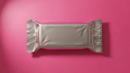 Metallic foil candy bar for mockup against a vibrant pink background for creative presentations