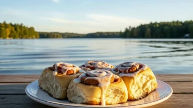 A plate piled high with four freshly baked, decadent cinnamon rolls, generously drizzled with sweet white icing, rests invitingly on a rustic wooden surface. The warm, golden hour light bathes the sce