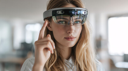 A woman using augmented reality glasses, showcasing modern technology and innovative design in a bright workspace.