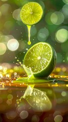Close-up of lime halves, one floating as juice drips. A splash of lime juice refracts with blurred bokeh effect