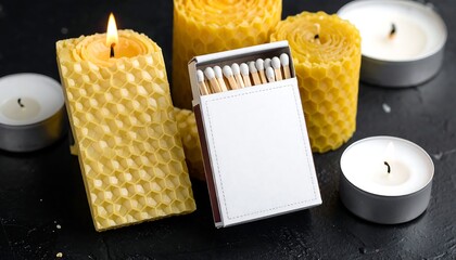 Close-up of lit candles and matches on a dark surface, showcasing textures and warm glow. The arrangement creates a cozy ambiance