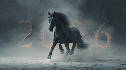 Black horse running through snow with 2026 lights