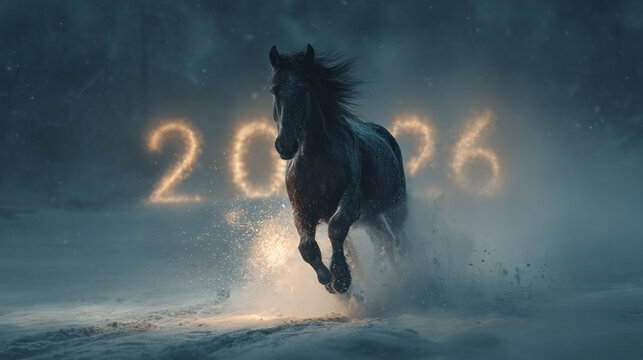 A dark horse charges forward in a snowy landscape, illuminated by glowing 2026 numbers in the background and sparkling winter light.
