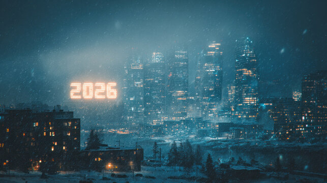 Bright 2026 numbers shine through heavy snowfall above a futuristic city skyline filled with glowing windows and dark winter atmosphere.
