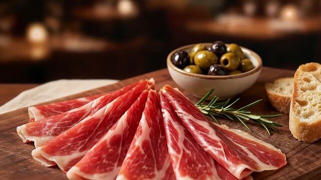 Jam&oacute;n ib&eacute;rico de bellota finamente cortado, acompa&ntilde;ado de aceitunas y pan r&uacute;stico sobre tabla de madera en ambiente c&aacute;lido de restaurante