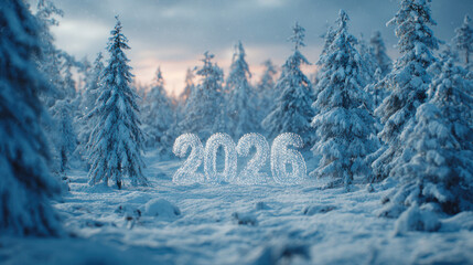 Obraz premium Snow-covered pine forest at sunset with icy 2026 numbers symbolizing the new year, winter season, or holiday celebration.