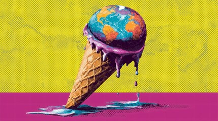 Melting ice cream cone earth scoop climate change environmental concept colorful surreal yellow background pink surface dripping global warming emotional