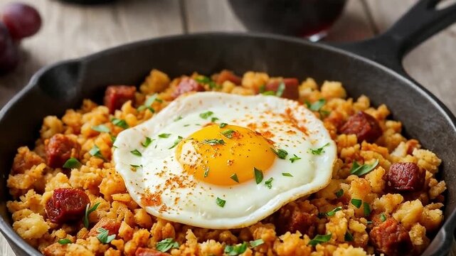 Migas extreme&ntilde;as tradicionales con huevo frito y chorizo servidas en sart&eacute;n de hierro, acompa&ntilde;adas de vino tinto y uvas