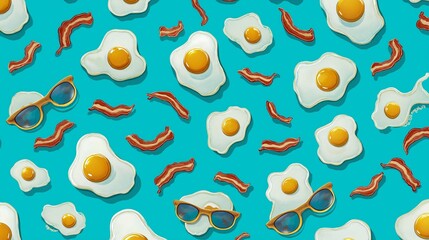 Fried egg bacon seamless pattern blue background sunglasses breakfast playful cartoon food summer