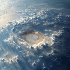 Surreal satellite view of Earth with latte art pattern blending into clouds, creating dreamy and imaginative atmosphere, soft sunlight streaming through sky