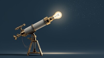 Telescope lightbulb creativity innovation imagination gold science astronomy surreal night. gold telescope with glowing lightbulb instead of lens symbolizes creativity and innovation science set