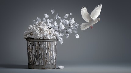 Metal trash can overflowing with crumpled paper, with white dove flying upward, symbolizing hope, freedom, and creativity emerging from chaos
