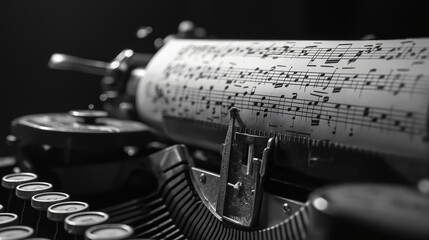 Typewriter with musical notes on paper close up black and white vintage style creative concept poetic rhythm artistic inspiration nostalgic mood selective focus dramatic lighting