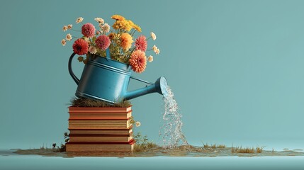 Watering can pouring water onto stack of books with colorful flowers, creating whimsical and creative scene with grass and water on ground