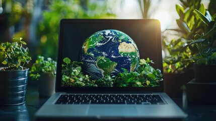 Virtual Earth Day Forum Hosted on Laptop Screen Promoting Sustainability and Environmental Conservation Digital Online Conference or Webinar About Renewable Energy Climate Change