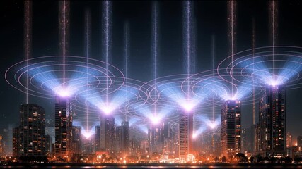Futuristic cityscape night skyline smart city wireless network data stream digital grid neon light high rise urban tower riverfront view, skyline glow with wireless signal beams, urban waterfront - Powered by Adobe