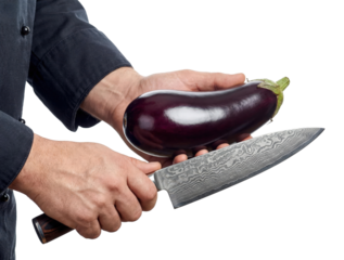 Chef hands holding fresh purple eggplant and damascus steel knife for cooking