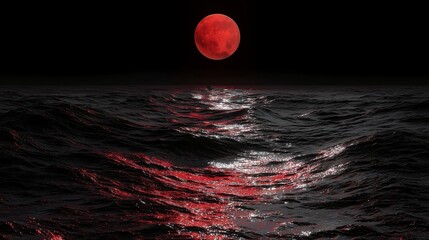 Red moon dark ocean night sky dramatic reflection liquid surface mysterious atmosphere glowing water surreal seascape tranquil fantasy scene