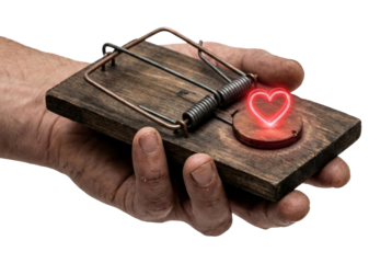 Dirty hands holding wooden mousetrap with glowing red heart bait concept