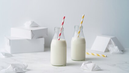 Milk bottles with paper straws set against a white backdrop, ideal for party themes