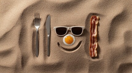 Fried egg sunglasses bacon sand breakfast summer fun creative food art top down flat lay
