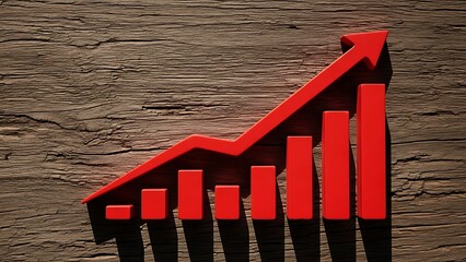 Red 3 D Bar Chart and Arrow Showing Upward Trend on Wood Background graph rising