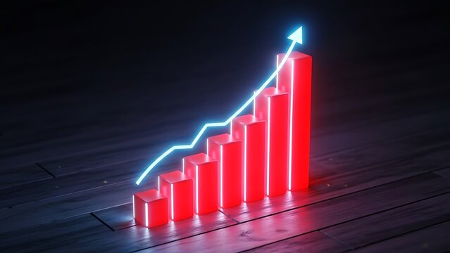 Red glowing bar graph with ascending blue arrow on dark wooden floor chart rising - Powered by Adobe