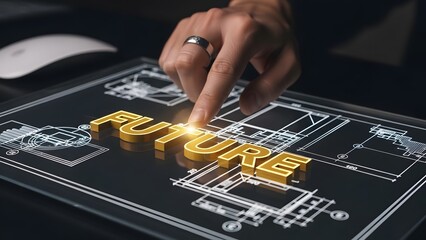 Futuristic Holographic Blueprint Close-Up, Hand Interacting with Illuminated Digital Display, Silver-Ringed Finger Pointing at 3D Future Text, High-Tech Concept with Glowing Schematic Overlay, Moody T