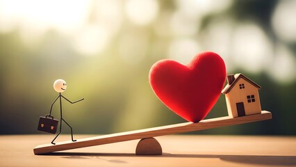 Stick figure with briefcase balances red heart and toy house on seesaw image