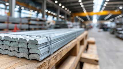 Stack of metal bars in a spacious industrial warehouse.