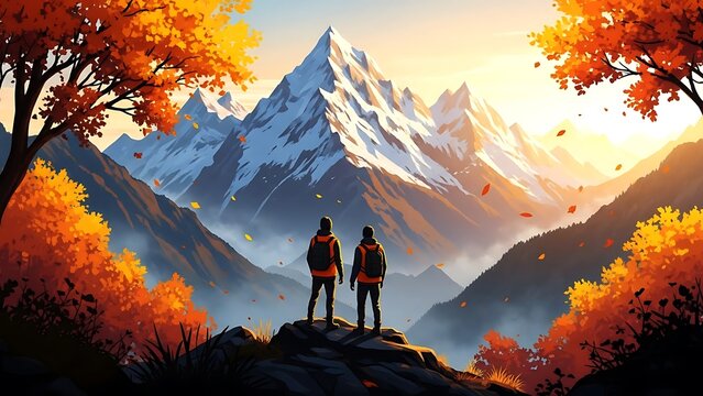 Two hikers stand on a rocky outcrop overlooking snow-capped mountains in autumn fall peaks
