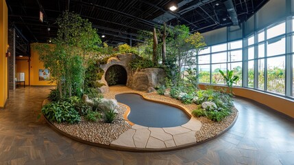 Lush indoor garden landscape with natural elements and interactive displays in a center designed for an Earth Day and environmental education