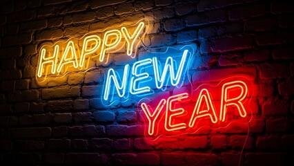 Happy New Year Neon Sign Celebrate with Bright and Colorful Text on a Brick Wall