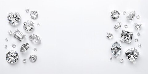 Loose diamond shapes arranged on a white background for jewelry design, emphasizing clarity and variety