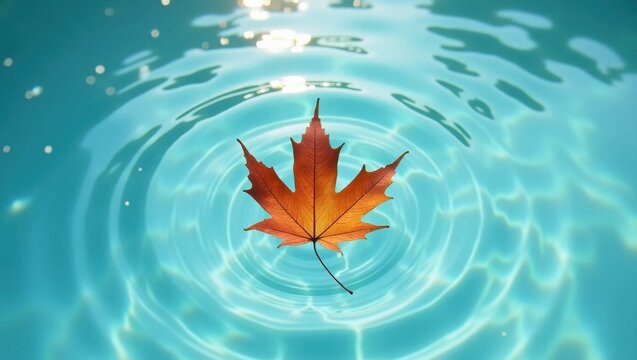 Orange maple leaf floating on rippling blue water surface - Powered by Adobe
