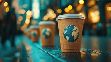 Close up shot of a biodegradable paper coffee cup with an Earth Day logo design on it set against a blurred cityscape with bokeh lighting in the background Concept of eco friendly sustainable
